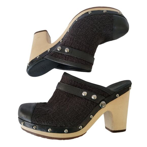 UGG Textile and Leather Slip On Wooden Heel Clogs Womens Size 9 Black - Picture 2 of 15